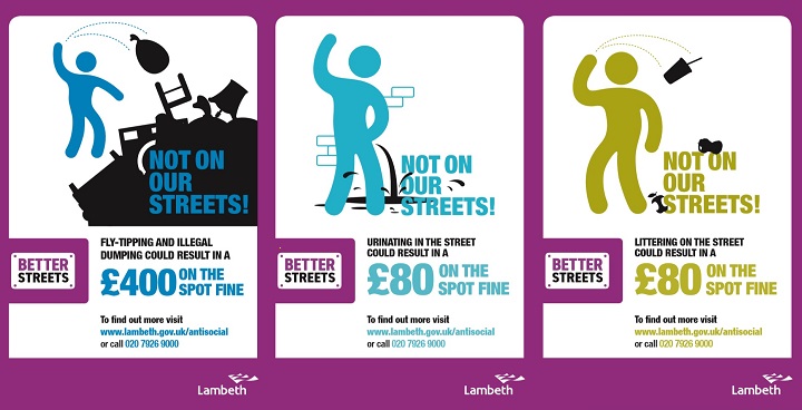 Not On Our Streets: £400 fine for flytipping, £80 fine for urinating on streets, £80 fine for littering.