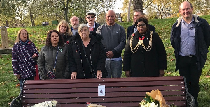 Friends of Leslie Rhodes by the memorial bench in Clapham Common