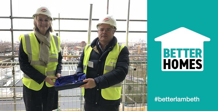 Lambeth Council leader Cllr Lib Peck and Cllr Paul McGlone at the Hambrook House topping out