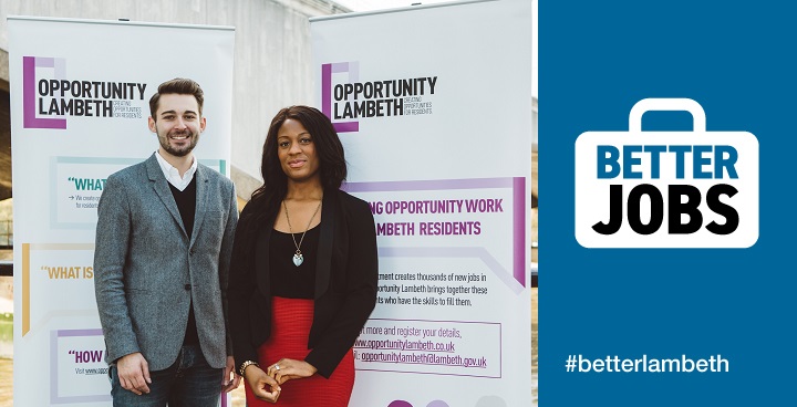 Cllr Matthew Bennett, Cabinet Member for Planning, Regeneration and Jobs, with Victoria Ijeh from Iconic Steps announcing Opportunity Lambeth