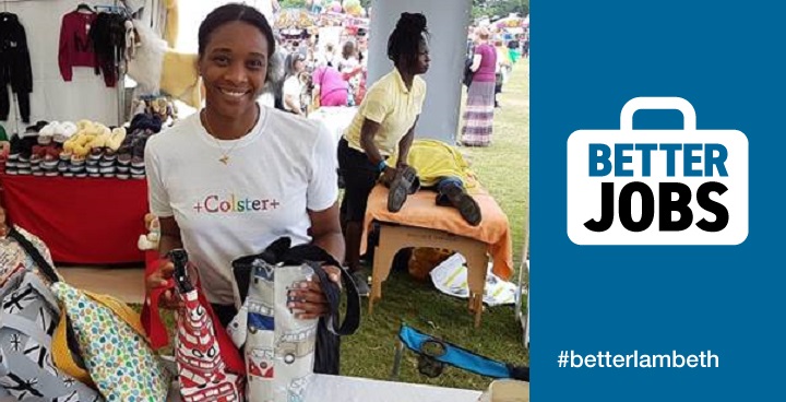 Local entrepreneur in 'coster textiles' promotional t-shirt with hand-made textiles for sale at Lambeth Country show