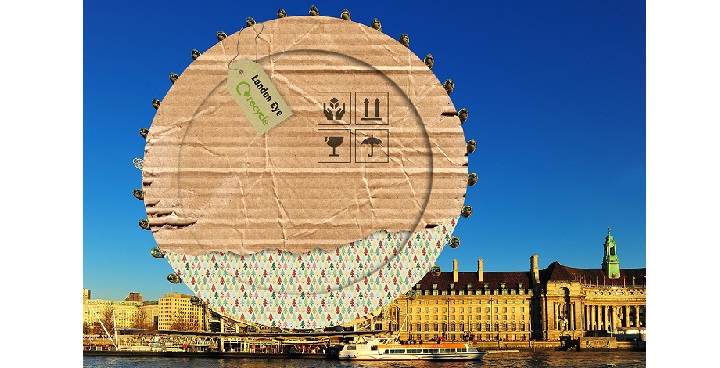 London Eye in Christmas wrapping paper & cardboard packaging with 'recycle' logo