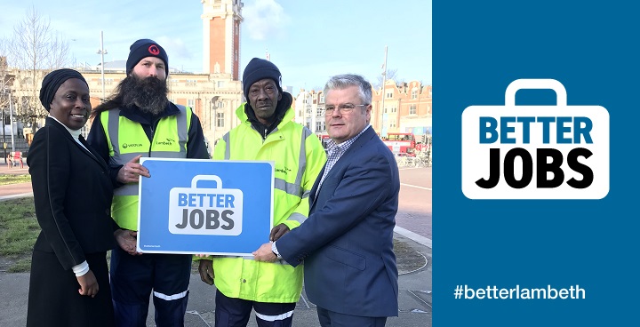 An image from left to right showing Cllr Councillor Jennifer Brathwaite, Cabinet Member for Housing and Environment, street sweepers Lucas Rola and Albert Dixon with Lambeth council deputy leader, Cllr Paul McGlone in Windrush Square, Brixton