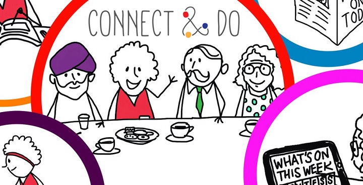 Connect & Do logo surrounded by drawings of people, some sitting around a table drinking tea.