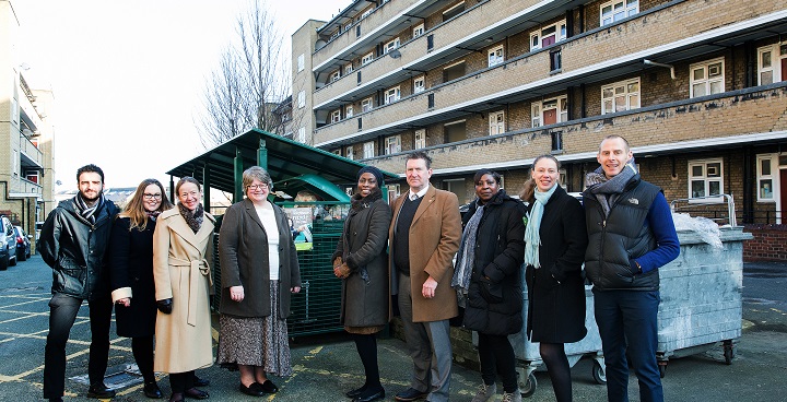 Ministerial visit to Tulse Hill Estate to look at results of recycling information initiuatives L to R Dr Liz Goodwin OBE, chair at London Waste and Recycling Board (camel coat); Councillor Jennifer Brathwaite; Minister Theresa Coffey, Parliamentary Under Secretary of State for the Environment, with Resource London representatives and residents. L to R Dr Liz Goodwin OBE, chair at London Waste and Recycling Board (camel coat); Councillor Jennifer Brathwaite; Minister Theresa Coffey, Parliamentary Under Secretary of State for the Environment, with Resource London representatives and residents.