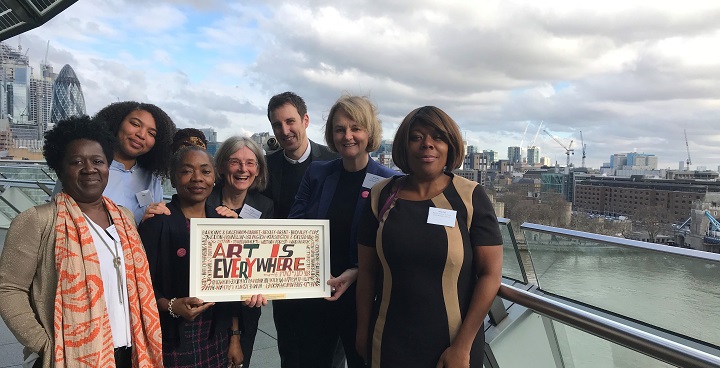 Group photo at City Hall, of Binki Taylor (Brixton Design Trail), Ashleigh Simone (Reprezent Radio), Sonia Winifred, Sue Foster, Matt Blades, Lib Peck, Stella Kanu (Ovalhouse Theatre)