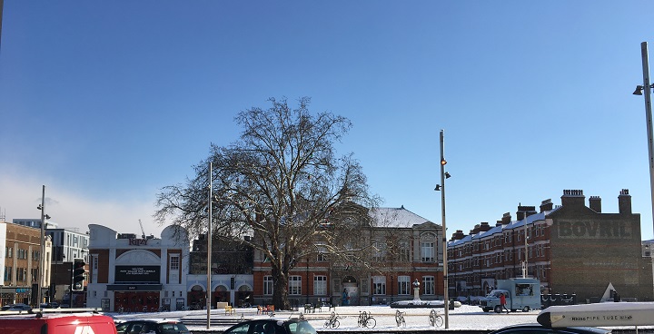 Windrush Square covered in snow
