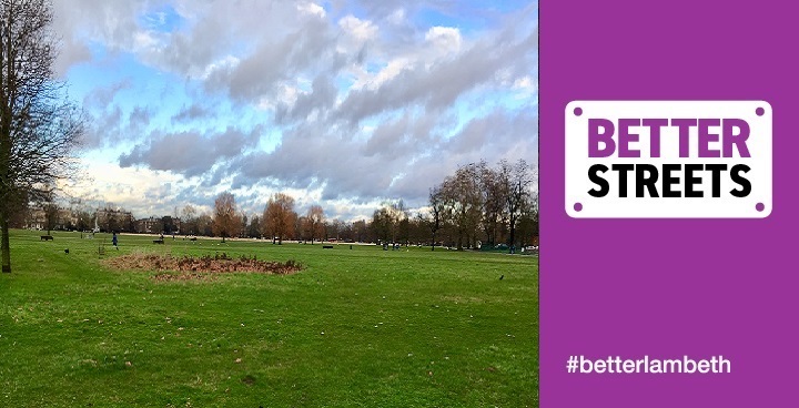 Clapham Common under cloudy sky with 'Better Streets' logo