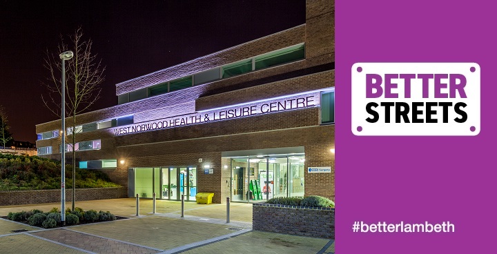 Exterior view of West Norwood Health and Leisure Centre at night