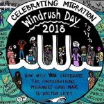 Drawing of MV Windrush with quotes and questions 'How will you celebrate the contribution migrant communities have made to all our lives?' - drawings of people around the central image.