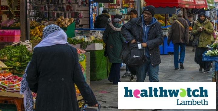 Street market view with Healthwatch Lambeth logo