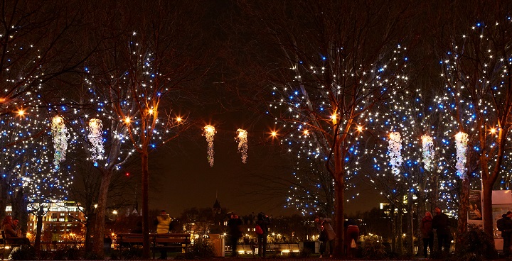 Bottle Festoon was part of the Lumiere festival in January with huge chandeliers made by local people from recycled plastic bottles and hung in Bernie Spain gardens on the South Bank.