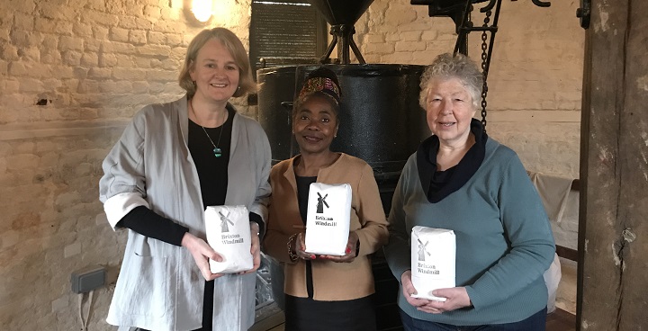 An image showing Cllr Lib Peck, Leader of Lambeth Council, Cllr Sonia Winifred, Cabinet Member for Equalities and Culture visit the Windmill in Brixton with Jean Kerrigan, Chair of the Friends of Windmill Gardens inside the Windmill