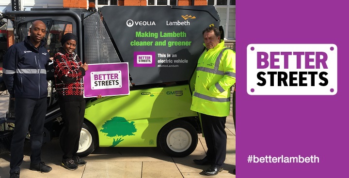 Cllr Jennifer Brathwaite with Veolia workers and one of the new electric street sweeping vehicles