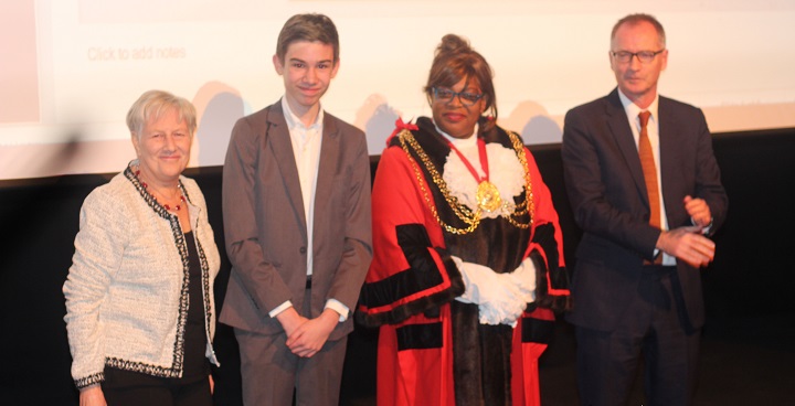 Lambeth Youth Council elections 2018 L-R Cllr Jane Pickard, new Lambeth Youth Mayor Luca Emory, Cllr Marcia Cameron the Mayor of Lambeth, Andrew Turner CEO Lambeth Council