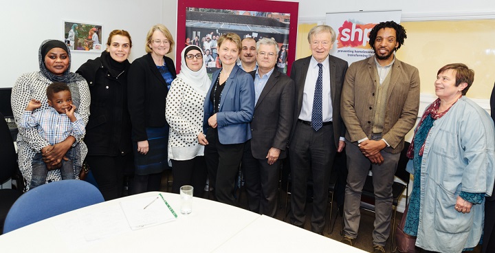 Cllr Lib Peck and Cllr Paul McGlone pictured with Lord Dubs and Yvette Cooper MP meeting with refugees at SHP charity offices in Vauxhall