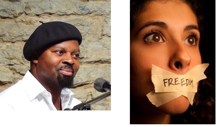 Lambeth Readers and writers festival 2018 Week : (l) Author Ben Okri in beret and white shirt (r) wide-eyed woman's face with 'freedom' on sticky tape covering her mouth in an X symnolising women who do not have the right to speak