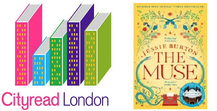 (left) City read logo - with spines of green and purple books looking like the lights in tower blocks (right) front cover of The Muse by Jesse Burton (New York Times best selling writer of the Miniaturist)