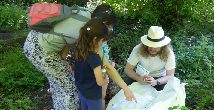 Mother and daughter identifying insects on a white sheet with the help of a long-hbaired insect expert and an inect identification sheet in white panama hat and white t-shirt as part of a project in Knight's Hill Woods to improve the habitat for local wildlife