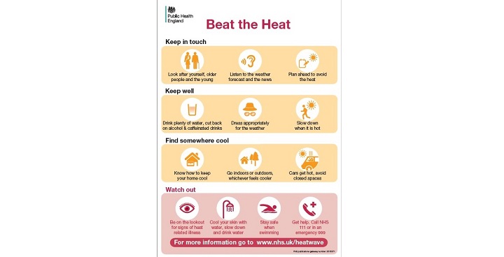 Advice from Public Health England on how to cope in a heatwave and avoid the main health risks - dehydration, heat exhaustion and overheating
