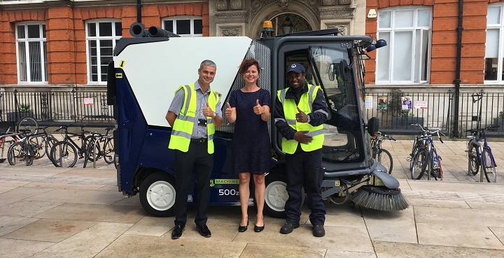 Cllr Claire Holland with members of Veolia's street cleaning team in Lambeth, and one of the new electric road sweepers recently introduced