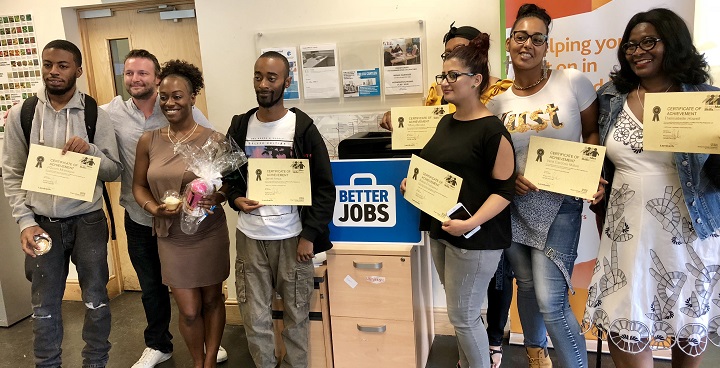 2 x male & 4 x female apprentices hold up course completion certificates as WFDD apprentices graduate from 3-week pre-employment training course at Green Man Skills zone (Cllr Jack Hopkins second left)