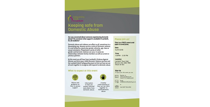 Keeping safe from domestic violence event at Town Hall 16 July 2018 1pm -3.30pm poster