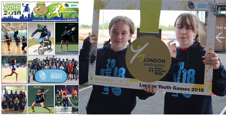 left hand: collage of Team Lambeth young people in deifferent events inc. cycling, running, swimming. Right frame: 2 teenage competitors from girls' aquathlon holding a 'London Youth Games' frame