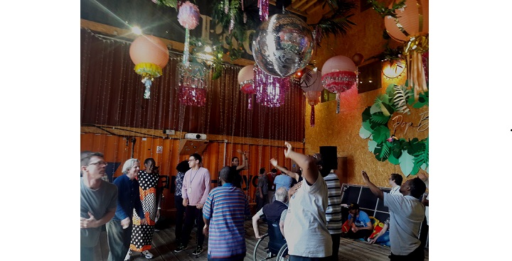 Pop Box at Pop Brixton Dance Floor including visibly disabled people and others