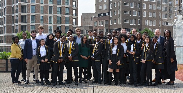 School children and mentors & business partners line up for photo shoot at the and of a successful pilot of the 'HeadStart' scheme, offering 16--18 year olds mentoiring & work experience from business partners