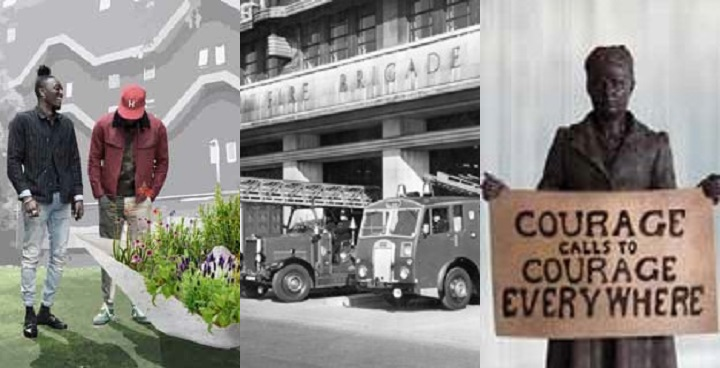 Month long events at Lambeth heritage festival 2018 L-R Flotilla Brixton design Trail concrete boats used as planetr at Southwyck House; London Fire BrigadeB&W photo of Albert Embankment w/1940s fire engines; Immortalised - statue of suffragist Millicent Fawcett onn plinth reading 'courage calls out to courage'