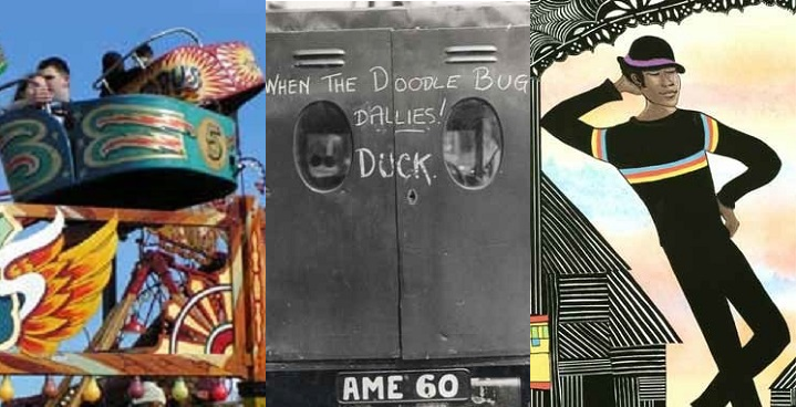 Lambeth heritage festival highlights of week 4 September 23-30 2018 L-R: colour photo of funfair; B&w photo back doors of WW2 van with 'duck for doodlebugs' message in chalk; colour illusration from Brer Anansi pantomime/childrens book - young man in striped t shirt and bowler hat with spiderweb design in eaves above his head