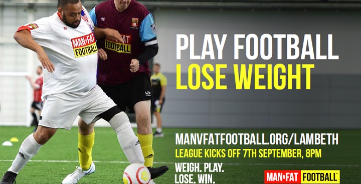 Two overweight men in Man vs Fat# branded football kit tackle each other advertising 16 week exercise course for men only starting 7 Sept 2018