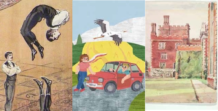 Lambeth heritage festival highlights of week 9-16 Sept. 2018 L-R: msic hall poster for the Craggs, Victorian acrobats; poster with stork flying over red car childrens or naive drawing from Polish arts festival; watercolour of Lambeth Palace