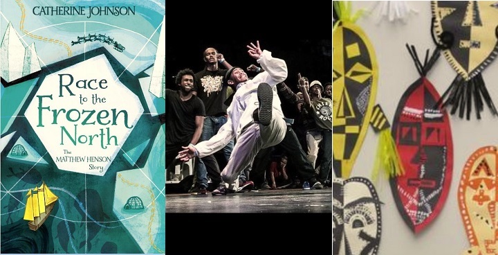 Black History Month events for young readers 3 panel picture book cover race to the frozen North, breakdancing with Rain Crew, tellow & black shields from African Arts workshop