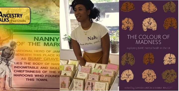 Black History Month October 2018 l-R poster for hidden history of the maroons; young woman stallholder in Rosa Parks T-shirt; book cover for book on mental health