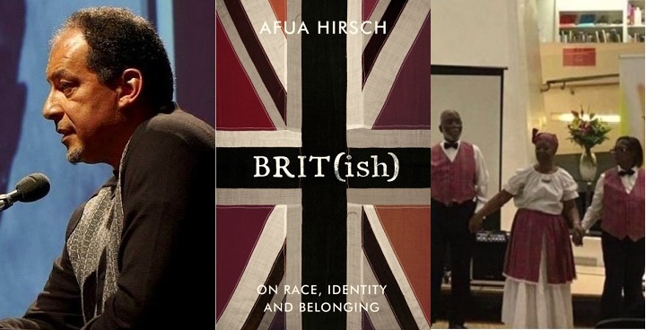 BHM week 5 oct-Nov left to right Lecturer in pan-africanism; Brit(ish) book cover with Union Jack in Black & Brown; family ties celebration people holding hands in African costume