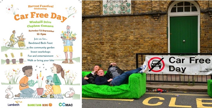 Left: poster for Bandstand beds Autumn feat w/illustrations of picnickers, bearded man carrying tray of vegatables, bunny rabbits, etc. Right - photo of couple on sofa covered in artificial turf and 'car free day' slogans