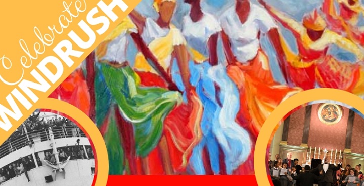 Celebrate Windrush 70 musical voyage with Pegasus Opera at Lambeth Town Hall 23 Oct 6.45 pm stylised image (possibly an extract from a mural) of line of women in green, red blue and orange skirts with white blouses