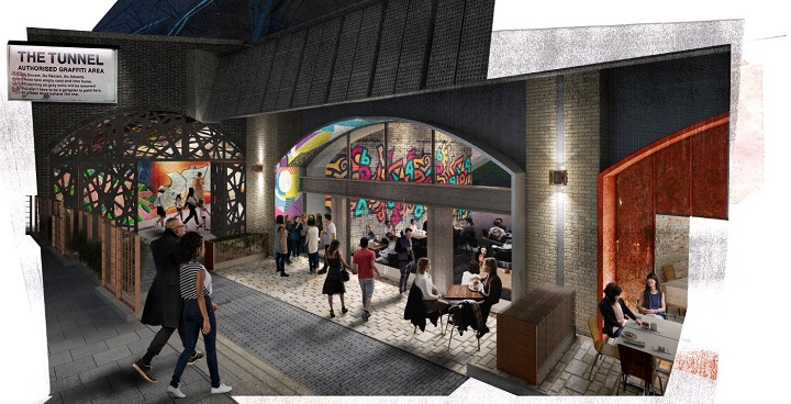 Leake Street arches artists impression of bars restauarants etc next to graffiti tunnel