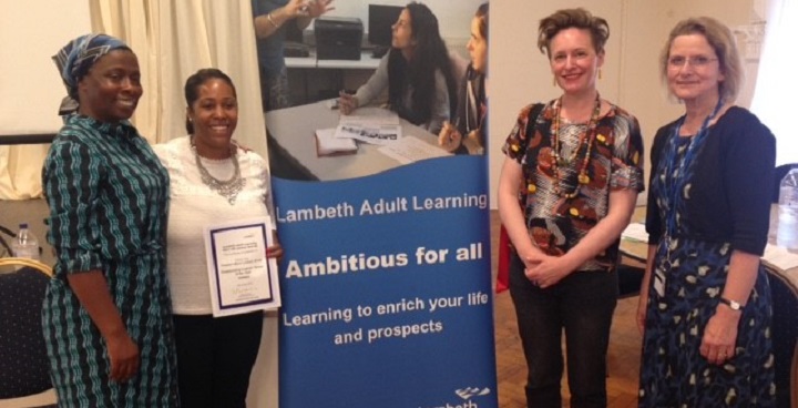 Cllr Braithwaite presents Adult Learning Outstanding Group award to learner Donna Cox. Also in the photo are tutor Marie Lenclos and Lambeth Director of Education, Learning and Skills, Cathy Twist