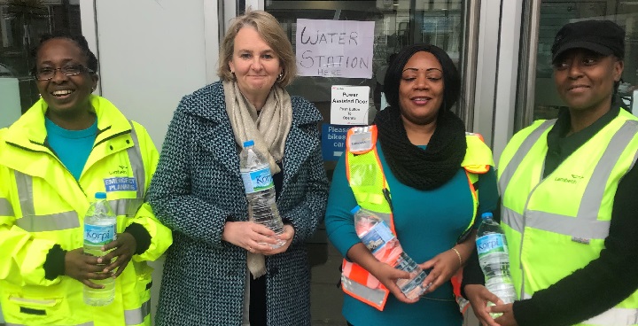 Leader of Lambeth Council, Lib Peck and council volunteers hand out bottled water to Streatham residents during 4-sya failure of supply in March 2018
