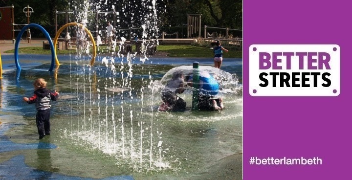 Children playing in Myatts Fields - one of Lambeths 13 medal winners in London iMyatts Fields - one of Lambeths 13 medal winners in London in Myatt's Fields splash fountain - one 0f 13 London in Bloom medal winners in 2018