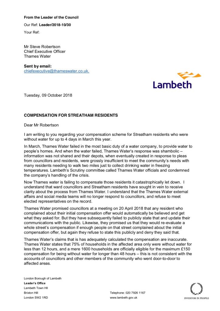 page 1 of letter 10 Oct 2018 to Thames Water