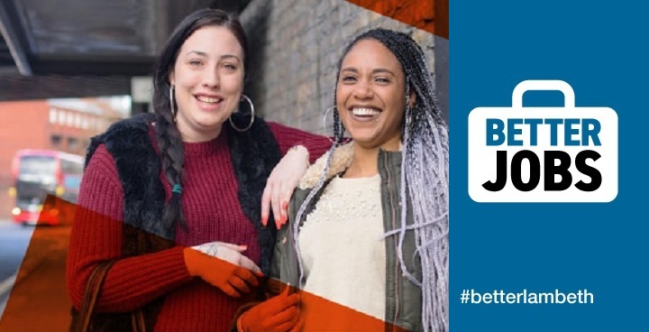 2 young women sitting - Better jobs logo = Reach for success jobs event for Lambeth Care Leavers Oct 24 2018 1 young woman sitting with arm on others shoulder; woman on right has lavender-coloured hair extensions, white T shirt