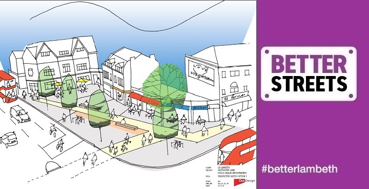 Architect's visusalisation of new publis square at the corner of Streatham High Road & Greyhound Lane showing paved areas, trees, & rain garden among shops