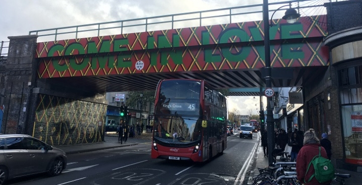 45 bus passing under Brixton bridge