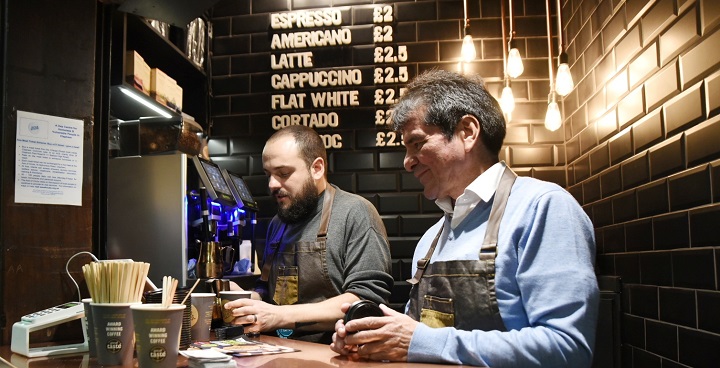 Change Please is opening coffee stalls on London stations to give employment to homeless people - Clapham's Ace of Clubs has helped Marco be the first Barista and Lambeth the first place to open its platform coffee shop