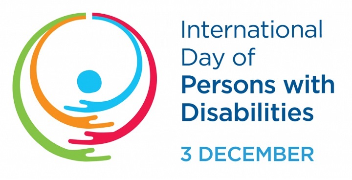 UN International Day for Persons with Disabilities logo - graphic based round illustration of circled hands in blue red green & yellow Blue text 3 December