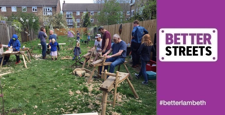 Residents learning to make benches, planters from wood in Rosendale Estate Community Orchard - joint winner of 'Blooming Lambeth' best estate garden 2018